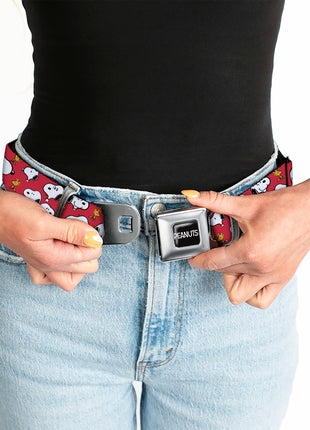 PEANUTS Title Logo Full Color Black/White Seatbelt Belt - Peanuts Snoopy and Woodstock Poses Scattered Red Webbing