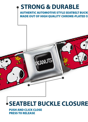 PEANUTS Title Logo Full Color Black/White Seatbelt Belt - Peanuts Snoopy and Woodstock Poses Scattered Red Webbing