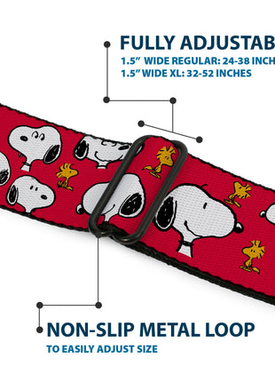 PEANUTS Title Logo Full Color Black/White Seatbelt Belt - Peanuts Snoopy and Woodstock Poses Scattered Red Webbing