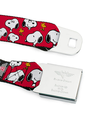 PEANUTS Title Logo Full Color Black/White Seatbelt Belt - Peanuts Snoopy and Woodstock Poses Scattered Red Webbing