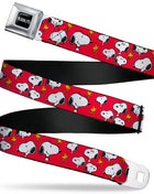 PEANUTS Title Logo Full Color Black/White Seatbelt Belt - Peanuts Snoopy and Woodstock Poses Scattered Red Webbing