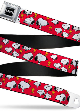 PEANUTS Title Logo Full Color Black/White Seatbelt Belt - Peanuts Snoopy and Woodstock Poses Scattered Red Webbing