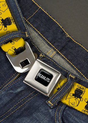 PEANUTS Title Logo Full Color Black/White Seatbelt Belt - Peanuts Charlie Brown Pose Flip Yellow/Black Webbing