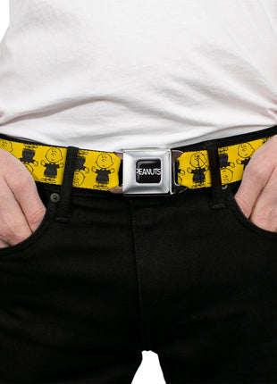 PEANUTS Title Logo Full Color Black/White Seatbelt Belt - Peanuts Charlie Brown Pose Flip Yellow/Black Webbing