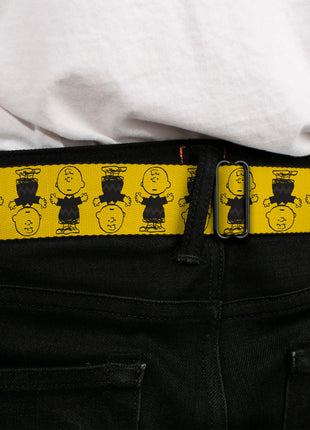 PEANUTS Title Logo Full Color Black/White Seatbelt Belt - Peanuts Charlie Brown Pose Flip Yellow/Black Webbing