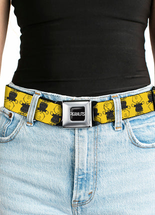 PEANUTS Title Logo Full Color Black/White Seatbelt Belt - Peanuts Charlie Brown Pose Flip Yellow/Black Webbing