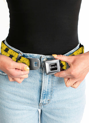 PEANUTS Title Logo Full Color Black/White Seatbelt Belt - Peanuts Charlie Brown Pose Flip Yellow/Black Webbing