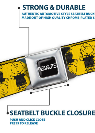 PEANUTS Title Logo Full Color Black/White Seatbelt Belt - Peanuts Charlie Brown Pose Flip Yellow/Black Webbing