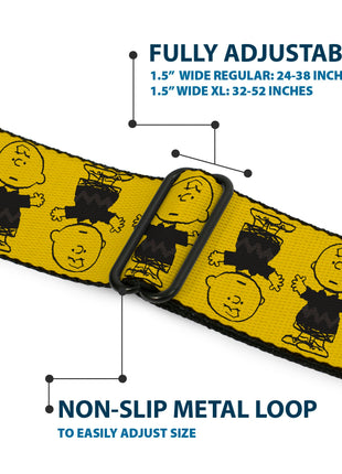 PEANUTS Title Logo Full Color Black/White Seatbelt Belt - Peanuts Charlie Brown Pose Flip Yellow/Black Webbing