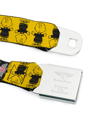 PEANUTS Title Logo Full Color Black/White Seatbelt Belt - Peanuts Charlie Brown Pose Flip Yellow/Black Webbing