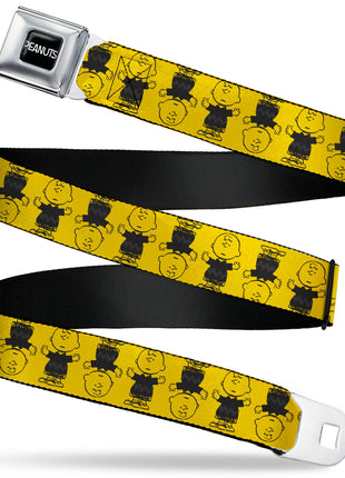 PEANUTS Title Logo Full Color Black/White Seatbelt Belt - Peanuts Charlie Brown Pose Flip Yellow/Black Webbing