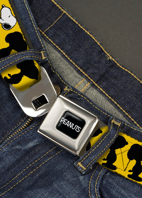 PEANUTS Title Logo Full Color Black/White Seatbelt Belt - Peanuts Snoopy Walking/Silhouette Pose Yellow/Black/White Webbing