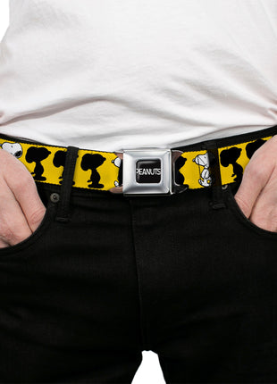 PEANUTS Title Logo Full Color Black/White Seatbelt Belt - Peanuts Snoopy Walking/Silhouette Pose Yellow/Black/White Webbing