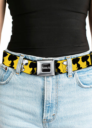 PEANUTS Title Logo Full Color Black/White Seatbelt Belt - Peanuts Snoopy Walking/Silhouette Pose Yellow/Black/White Webbing