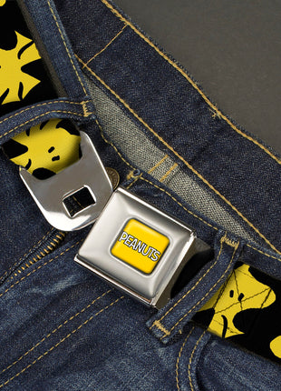PEANUTS Title Logo Full Color Yellow/White Seatbelt Belt - Peanuts Woodstock Face Flip Black/Yellow Webbing
