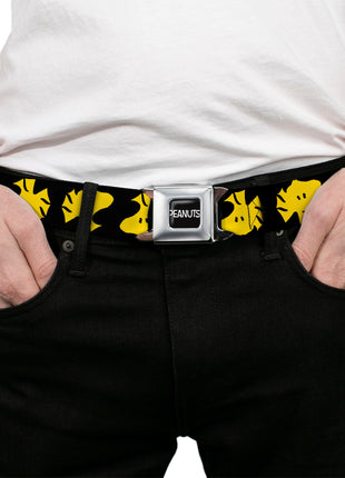 PEANUTS Title Logo Full Color Yellow/White Seatbelt Belt - Peanuts Woodstock Face Flip Black/Yellow Webbing
