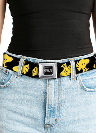PEANUTS Title Logo Full Color Yellow/White Seatbelt Belt - Peanuts Woodstock Face Flip Black/Yellow Webbing