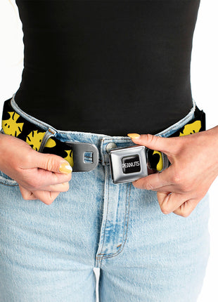 PEANUTS Title Logo Full Color Yellow/White Seatbelt Belt - Peanuts Woodstock Face Flip Black/Yellow Webbing
