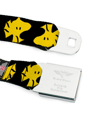 PEANUTS Title Logo Full Color Yellow/White Seatbelt Belt - Peanuts Woodstock Face Flip Black/Yellow Webbing