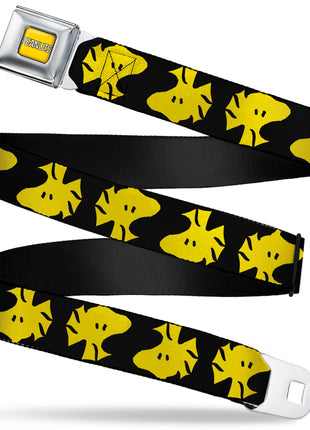 PEANUTS Title Logo Full Color Yellow/White Seatbelt Belt - Peanuts Woodstock Face Flip Black/Yellow Webbing