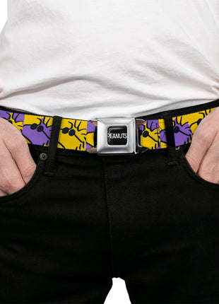 PEANUTS Title Logo Full Color Yellow/White Seatbelt Belt - Peanuts Woodstock Shades Pose Blocks Blue/Yellow/Black Webbing