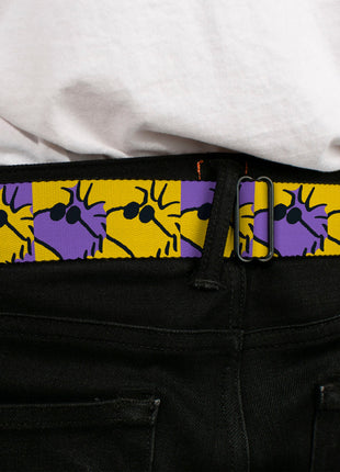 PEANUTS Title Logo Full Color Yellow/White Seatbelt Belt - Peanuts Woodstock Shades Pose Blocks Blue/Yellow/Black Webbing