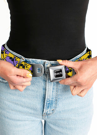 PEANUTS Title Logo Full Color Yellow/White Seatbelt Belt - Peanuts Woodstock Shades Pose Blocks Blue/Yellow/Black Webbing