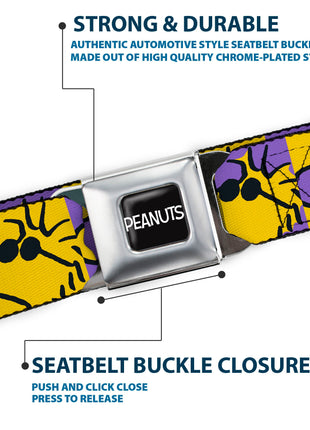 PEANUTS Title Logo Full Color Yellow/White Seatbelt Belt - Peanuts Woodstock Shades Pose Blocks Blue/Yellow/Black Webbing