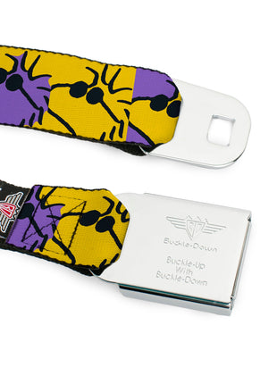 PEANUTS Title Logo Full Color Yellow/White Seatbelt Belt - Peanuts Woodstock Shades Pose Blocks Blue/Yellow/Black Webbing