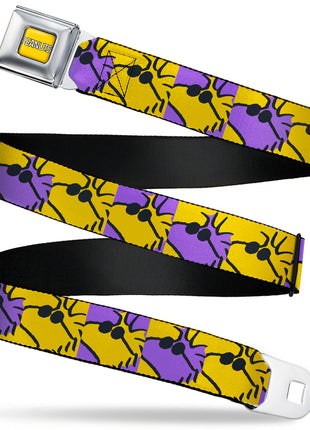 PEANUTS Title Logo Full Color Yellow/White Seatbelt Belt - Peanuts Woodstock Shades Pose Blocks Blue/Yellow/Black Webbing