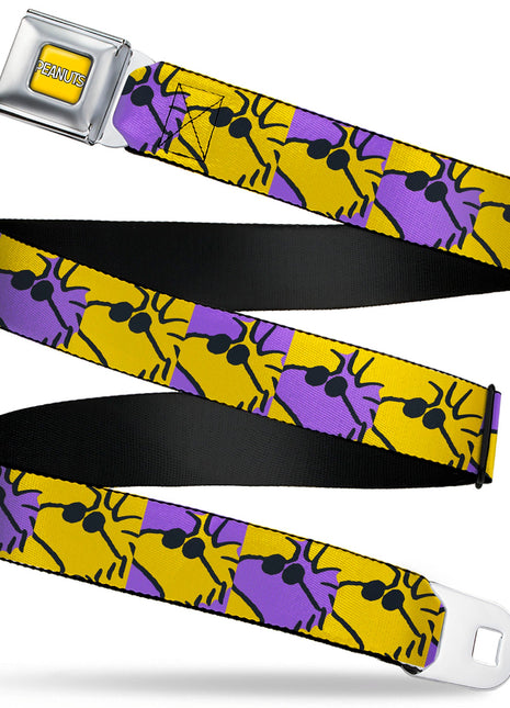 PEANUTS Title Logo Full Color Yellow/White Seatbelt Belt - Peanuts Woodstock Shades Pose Blocks Blue/Yellow/Black Webbing