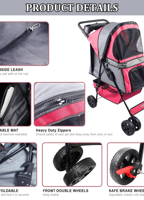 Jespet 4-Wheel Promenade Pet Stroller for Small Dogs Cats, Maroon, 36'' - Pup List