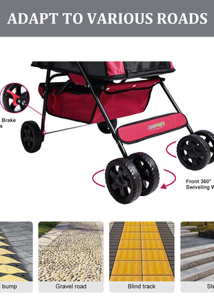 Jespet 4-Wheel Promenade Pet Stroller for Small Dogs Cats, Maroon, 36'' - Pup List