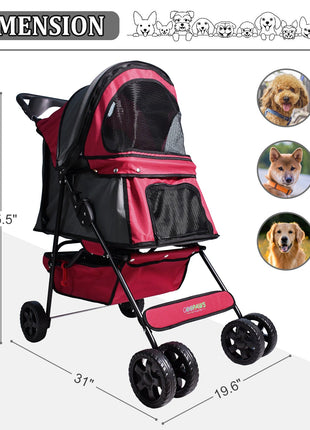 Jespet 4-Wheel Promenade Pet Stroller for Small Dogs Cats, Maroon, 36'' - Pup List