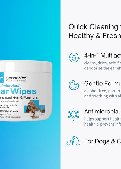 Antimicrobial Ear Wipes for Dogs & Cats - 100 Wipes