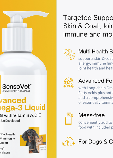 Advanced Omega-3 Liquid for Dogs & Cats - Fish Oil with Vitamins - 12oz