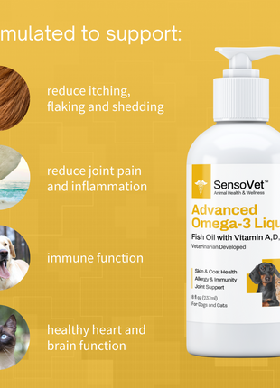Advanced Omega-3 Liquid for Dogs & Cats - Fish Oil with Vitamins - 12oz