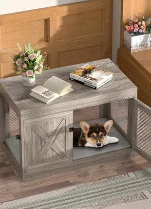 Furniture Crate with Double Doors, 36 Inch Wooden Dog Kennel End Table Indoor with Mesh
