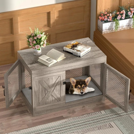 Furniture Crate with Double Doors, 36 Inch Wooden Dog Kennel End Table Indoor with Mesh