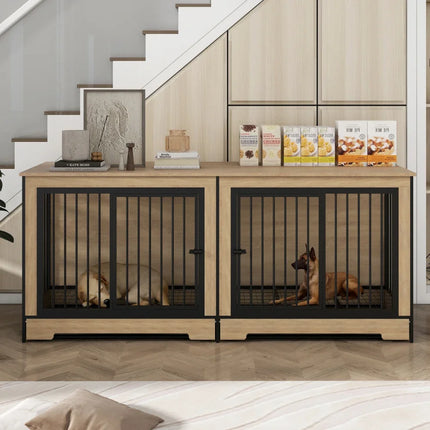 Furniture Dog Crate, XL Large Double Dog Cage with Tray for Medium Large Dogs, Wooden Dog
