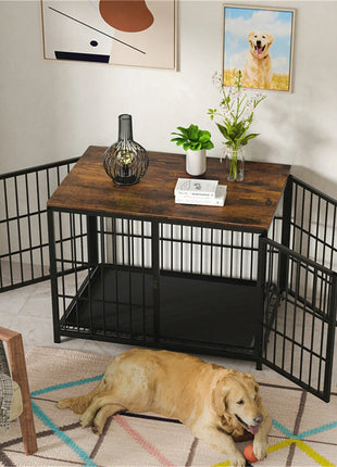 Furniture Large Wooden Dog Crate Indoor Elevated Dog Kennel End Table Lattice Playpen with 3 Doors Removable Tray