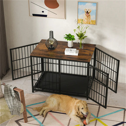 Furniture Large Wooden Dog Crate Indoor Elevated Dog Kennel End Table Lattice Playpen with 3 Doors Removable Tray