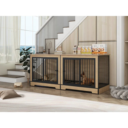 Furniture Dog Crate, XL Large Double Dog Cage with Tray for Medium Large Dogs, Wooden Dog