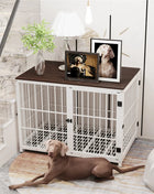 Furniture Large Wooden Dog Crate Indoor Elevated Dog Kennel End Table Lattice Playpen with 3 Doors Removable Tray