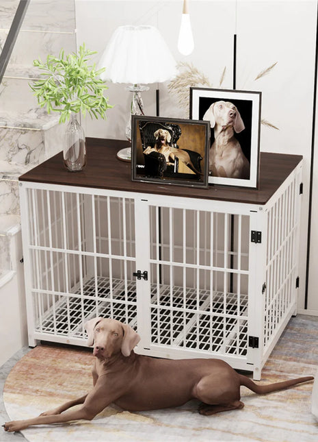 Furniture Large Wooden Dog Crate Indoor Elevated Dog Kennel End Table Lattice Playpen with 3 Doors Removable Tray