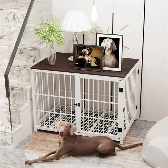 Furniture Large Wooden Dog Crate Indoor Elevated Dog Kennel End Table Lattice Playpen with 3 Doors Removable Tray