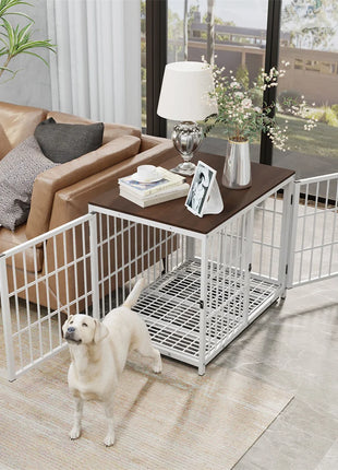 Furniture Large Wooden Dog Crate Indoor Elevated Dog Kennel End Table Lattice Playpen with 3 Doors Removable Tray