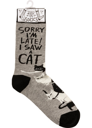 Sorry I'm Late I Saw A Cat Woven Socks | Black & White Cats Designs Novelty Socks