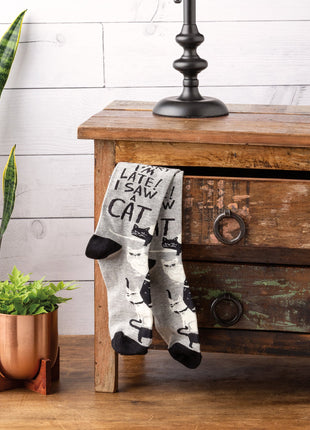 Sorry I'm Late I Saw A Cat Woven Socks | Black & White Cats Designs Novelty Socks