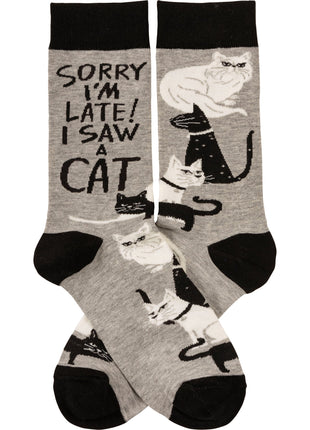 Sorry I'm Late I Saw A Cat Woven Socks | Black & White Cats Designs Novelty Socks
